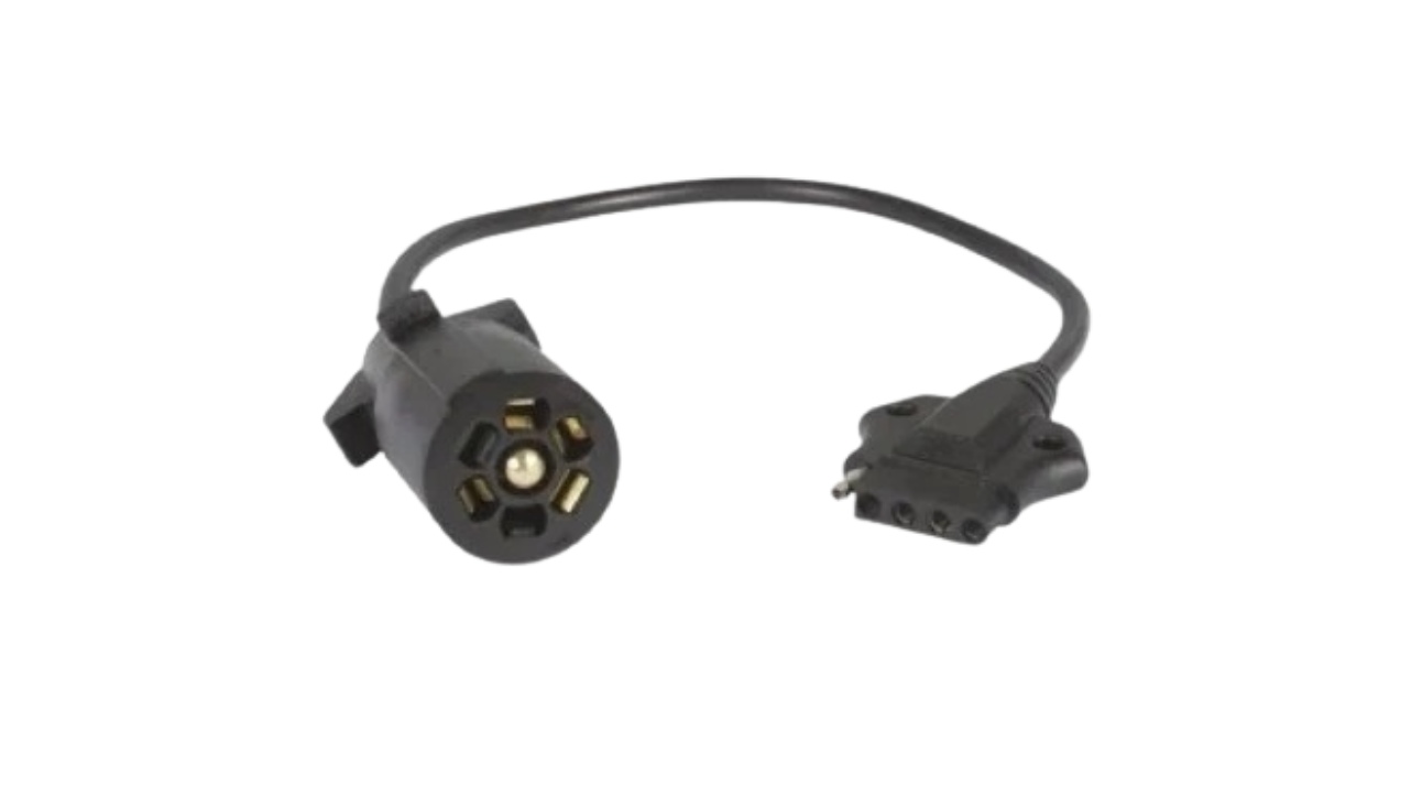 TRAILER LIGHT ADAPTER 7-0527 TOW VEHICLE TO TRAILER WIRING ADAPTER 16 INCH LONG EXTENTION ROUND 7 BLADE CONNECTOR - PLUGS INTO TOW VEHICLE WIRING HARNESS MOST NEWER VEHICLES HAVE A 7-WAY (BLADED) CONNECTOR FOR THIS TO PLUG INTO 5-WAY ADAPTER PLUGS TO THE TRAILER CONNECTION PLUG  MAKES VEHICLE TO TRAILER WIRING QUICK AND EASY 6V-12V AND 24 VOLT CAPACITY 7-0527